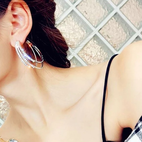 Rhinestone Silver Hoop Earrings - Picture 6 of 7